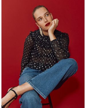 Boden Metallic Ruffle Collar Top- Lurex Clip - Red