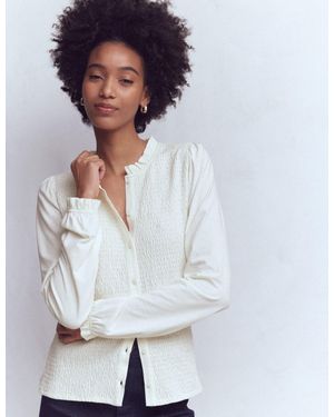 Boden Supersoft Smocked Button Top - White