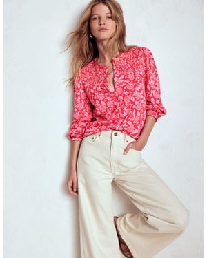 Boden Elsa Smocked Yoke Jersey Shirt Poppy, Ornate Vine - Red