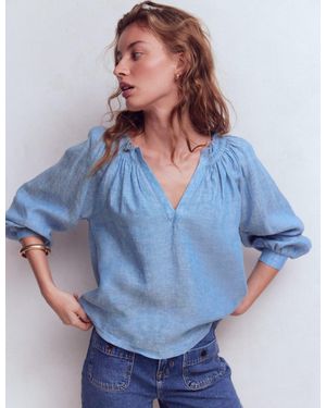 Boden Serena Pleat Neck Linen Top - Blue