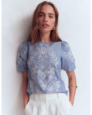 Boden Linen Puff Sleeve Top - Blue
