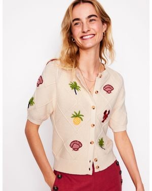 Boden Embroidered T-Shirt Cardigan-Warm Ivory, Tropical Bonanza - Natural
