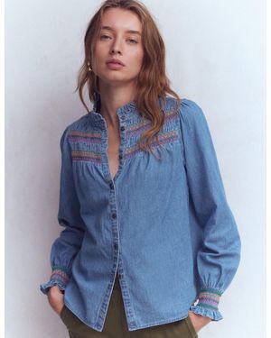 Boden Esme Smocked Denim Frill Top - Blue