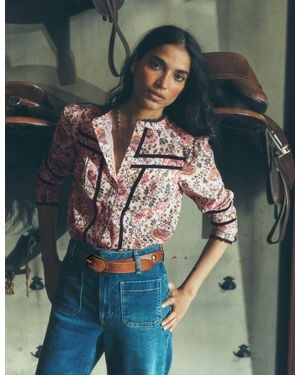 Boden Cotton Lace Trim Top-Ivory, Woodblock Flower - Multicolor