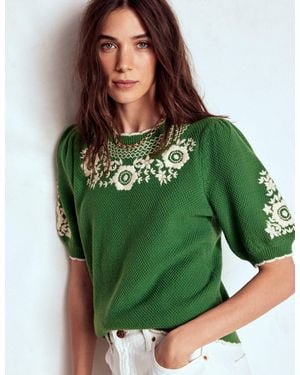 Boden Puff Sleeve Embroidery T-Shirt - Green