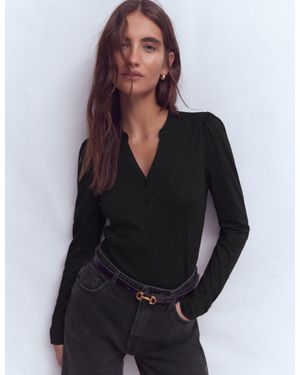 Boden Supersoft Open Neck Henley Top - Black