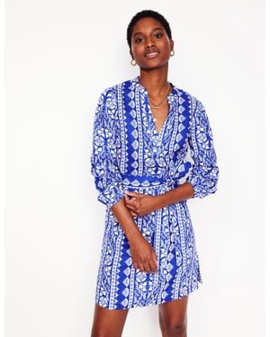Boden Cleo Linen Tie Waist Dress Bright, Ornate Border - Blue