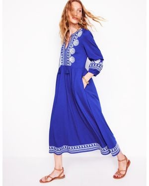 Boden Embroidered Notch Neck Dress-Bright, Ivory - Blue