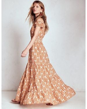 Boden Scoop Cotton Tiered Dress Cognac, Ornate Geo - Brown