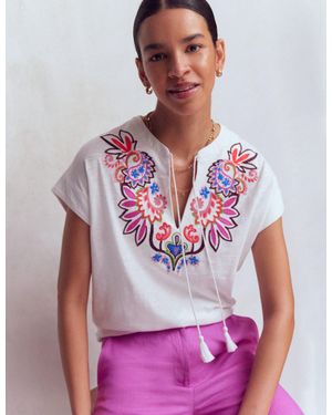 Boden Nina Embroidered Notch T-Shirt - White