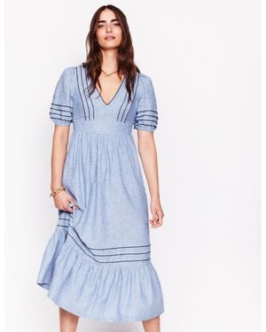 Boden Smocked Waist Linen Dress - Blue