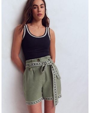 Boden Paperbag Linen Belted Shorts - Green
