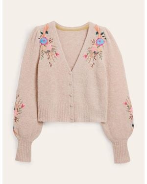 Boden Fluffy Floral Detail Cardigan Natural - Pink