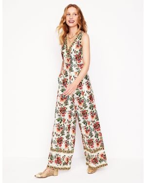 Boden V-Neck Linen Jumpsuit-Ivory, Botanica Terrace - White