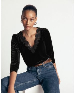 Boden Lace Trim V-Neck Velvet Top - Black