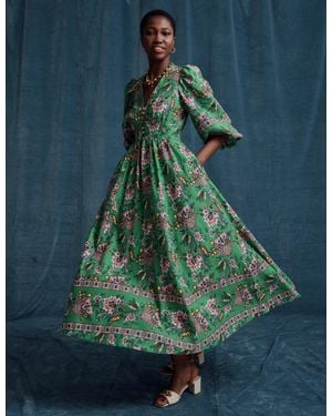 Boden Lola Blouson Maxi Dress Rich Emerald, Ornate Tropics - White
