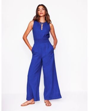 Boden Smocked Double Cloth Jumpsuit - Blue