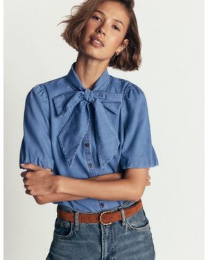 Boden Tie Neck Denim Top - Blue