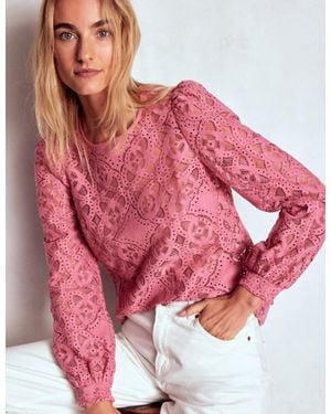 Boden Lace Crew Neck Top - Pink