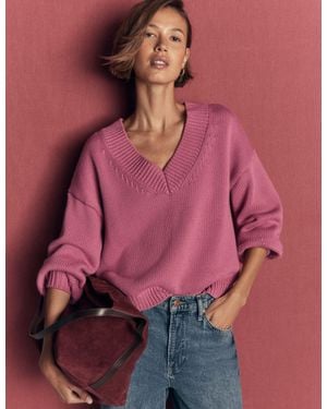 Boden Lucy Cotton V-Neck Jumper - Pink