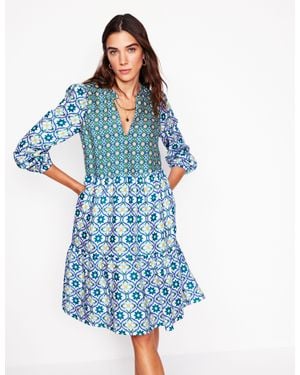 Boden Esme Linen Short Dress-Multi, Floweret Tile - Blue