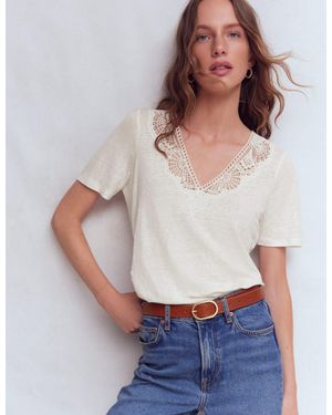 Boden Tara Lace Trim Linen T-Shirt - Blue