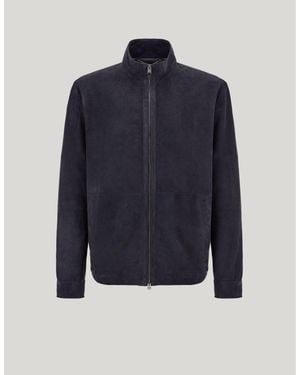 Canali Powder Perforated Suede Jacket With Mandarin-Style Collar - Blue