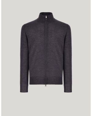 Canali Travel Anthracite Melange Merino Wool Cardigan With Zip - Blue