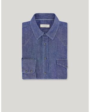 Canali Cotton-Linen Denim Regular-Fit Shirt With Snap Buttons - Blue