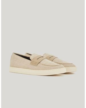Canali Canvas Loafers With Suede Saddle And Visible Stitching - Natural