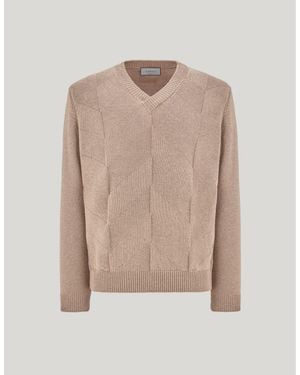 Canali Taupe Cotton And Silk V-Neck Sweater With Structured Pattern - Natural