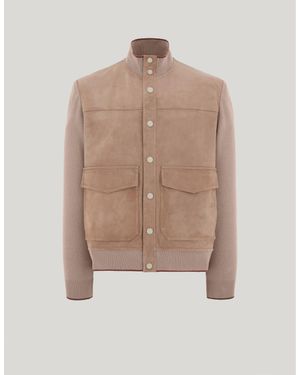 Canali Caramel Mixed-Material Ultralight Suede Bomber Jacket With Knit Inserts - Natural