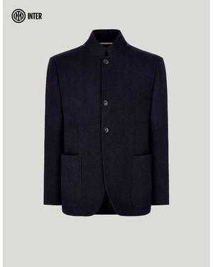 Canali Wool And Cotton Single-Breasted Jacket With Stand-Up Collar - Blue