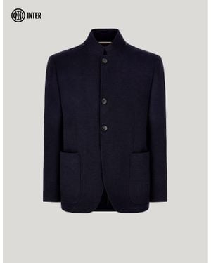 Canali Wool And Cotton Single-Breasted Jacket With Stand-Up Collar - Blue