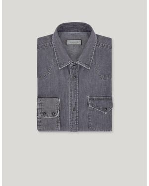 Canali Stonewashed Cotton Denim Regular-Fit Western Shirt - Blue