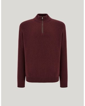 Canali Burgundy Wool And Cashmere Zippered Polo Shirt With Nubuck Details