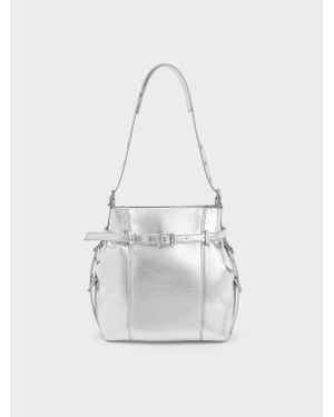 Charles & Keith Bryna Metallic Belted Bucket Bag - White
