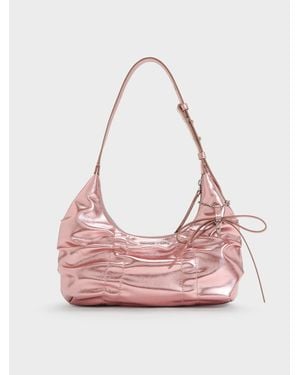 Charles & Keith Kadee Metallic Ruched Bow-Charm Hobo Bag - Pink