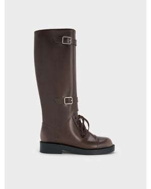 Charles & Keith Polierte, Kniehohe Kampfstiefel Mit Doppelschnalle - Braun