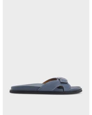 Charles & Keith Faux Suede Stitch-Trim Buckled Slides - Blue