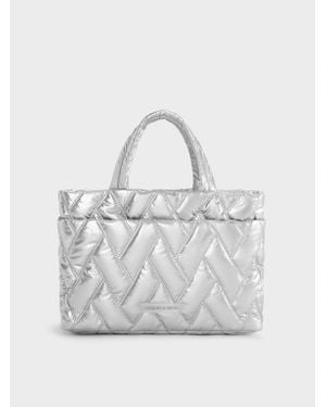 Charles & Keith Nylon Chevron Boxy Tote Bag - Grey