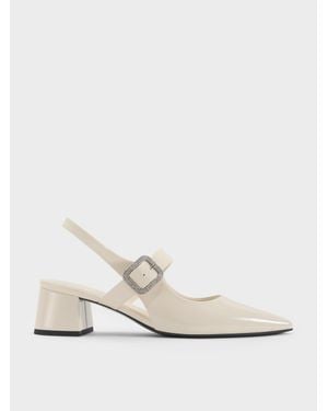 Charles & Keith Patent Crystal-Buckle Block-Heel Slingback Pumps - White