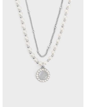 Charles & Keith Pearl & Gemstone Double-Chain Necklace - White