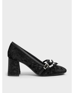 Charles & Keith Noelie Velvet & Satin Pearl-Bow Mary Jane Pumps - Black