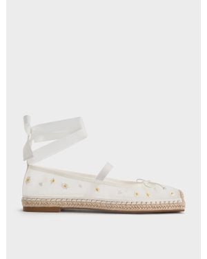 Charles & Keith Bernadine Espadrille-Schuhe Aus Netzstoff Mit Blumenstickerei Zum Binden - Weiß