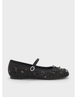 Charles & Keith Sadira Satin Embroidered Sequinned Mary Jane Flats - White