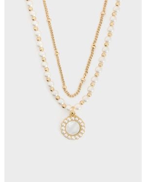 Charles & Keith Collier Double Chaîne Avec Perle Et Pierre Fine - Blanc