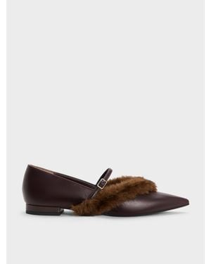 Charles & Keith Emila Mary Janes Mit Spitzem Schuh Und Fellbesatz - Braun