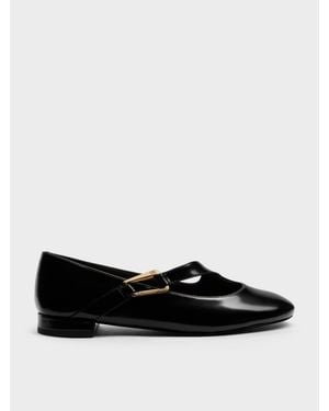 Charles & Keith Daena Leather Asymmetric-Strap Mary Janes - Black