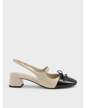 Charles & Keith Two-Tone Patent Bow Slingback Pumps - Natural